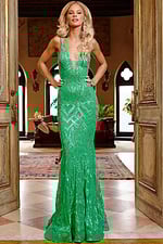 Model presenting Jovani 23027 green dress with sequined patterns, front view.