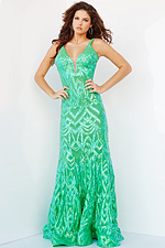 Jovani 23027 Green Low V Neck Sheath Long Dress | Jovani