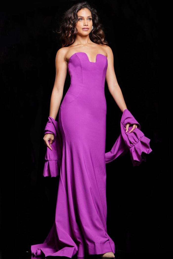 model wearing 23029 purple dress front view