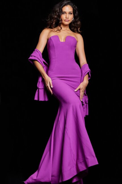 model wearing 23029 purple dress front view