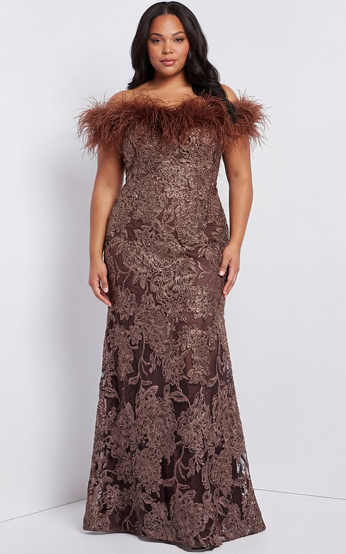 elegant off shoulder gown with feather trim