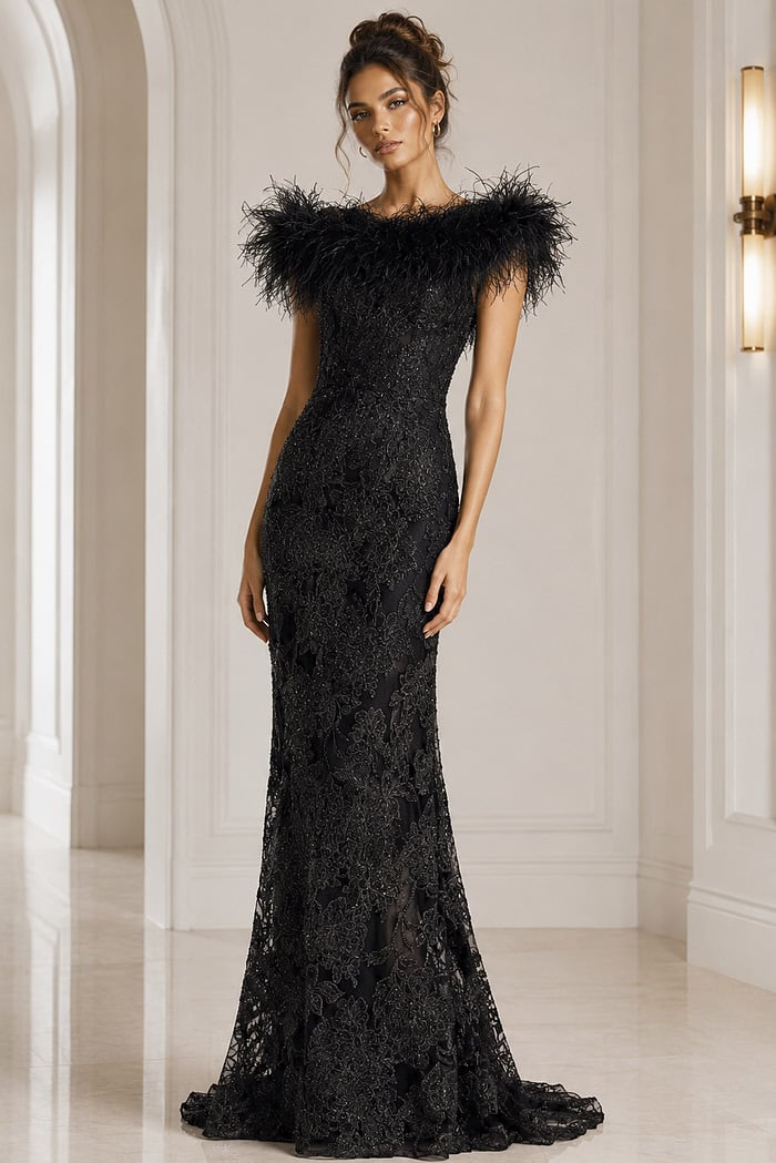 black brown lace off the shoulder gown - front full body, black, feathered shoulders, intricate lace, fitted