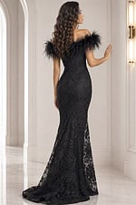 black brown lace off the shoulder gown - back view, black feather-trim off-shoulder lace mermaid
