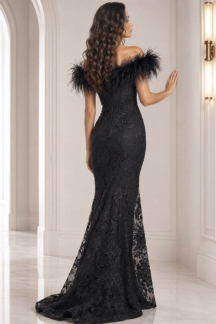 black brown lace off the shoulder gown - back view, black feather-trim off-shoulder lace mermaid