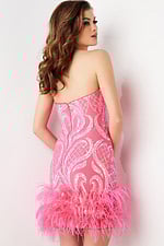 back view of model wearing Jovani 23060 pink mini dress