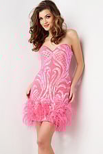 model wearing Jovani 23060 pink dress featuring feathered hemline
