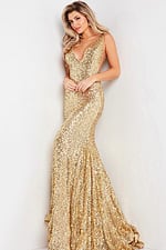 Back view of Jovani 23079 gold sequin gown