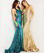 Models in Jovani 23079 gold and green sequin gowns