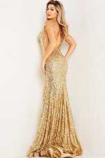Front view of Jovani 23079 gold sequin gown