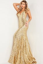 Model wearing Jovani 23079 gold sequin gown with deep V-neck