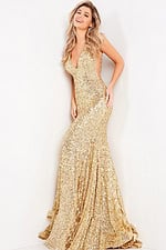 Model wearing Jovani 23079 gold sequin gown with V-neck and fitted silhouette