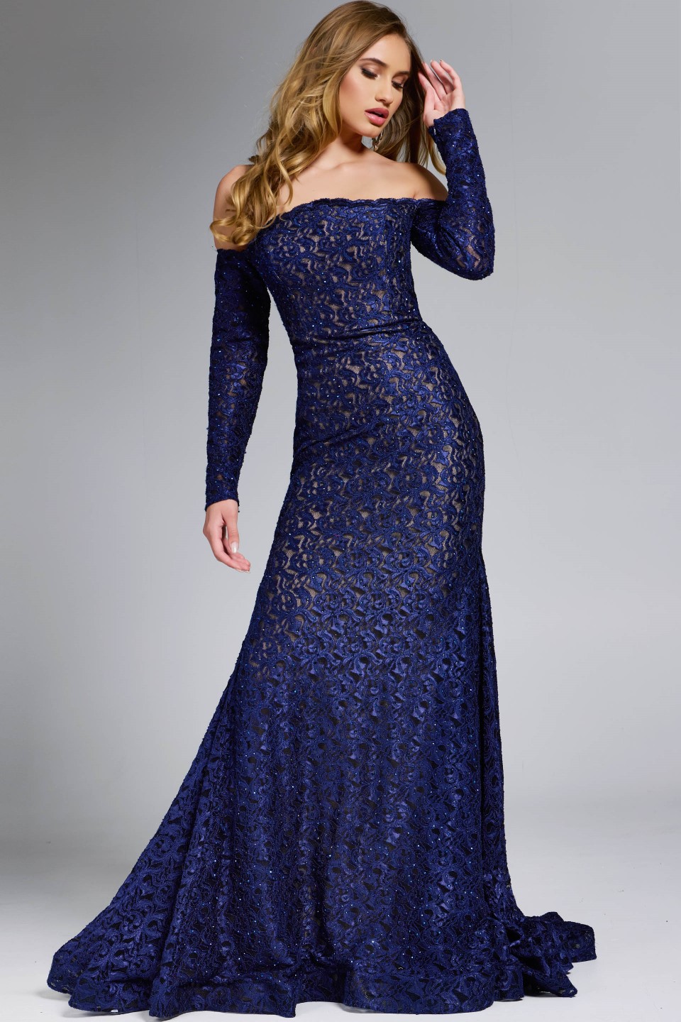 Off-Shoulder Lace Gown with Long Sleeves 23084 | Jovani