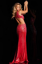 Back view of model wearing Jovani 23098 red mermaid gown showcasing side and back details