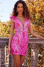 model wearing Jovani 23104 pink sequin mini dress