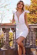 model wearing Jovani 23104 white sequin mini dress