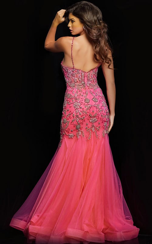 Back view of model in Jovani 23125 highlighting open back and pink tulle mermaid silhouette