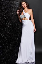 Model wearing Jovani 23130 white one-shoulder gown with embellished bodice, front view.
