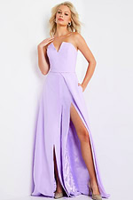 front view of model in 23150 lilac dress with strapless neckline and high slit