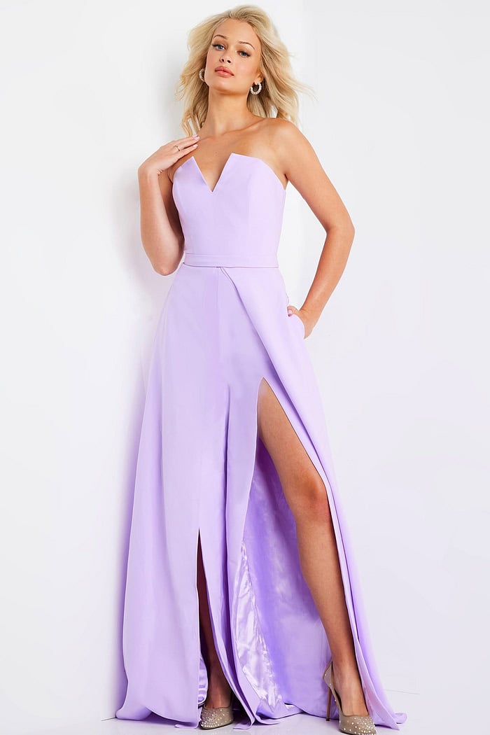 Jovani 23150 Lilac Crepe V Neck High Slit jumpsuit - Jovani