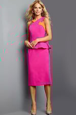 Model in Jovani 23153 fuchsia dress with peplum silhouette, front view.
