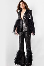 Front view of model in Jovani 23162 black sequin outfit