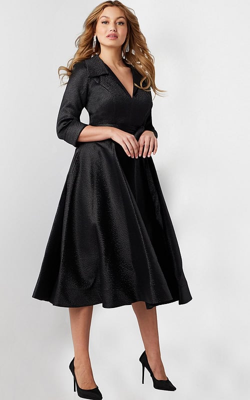 model wearing 23176 black dress with V-neckline and three-quarter sleeves, front view