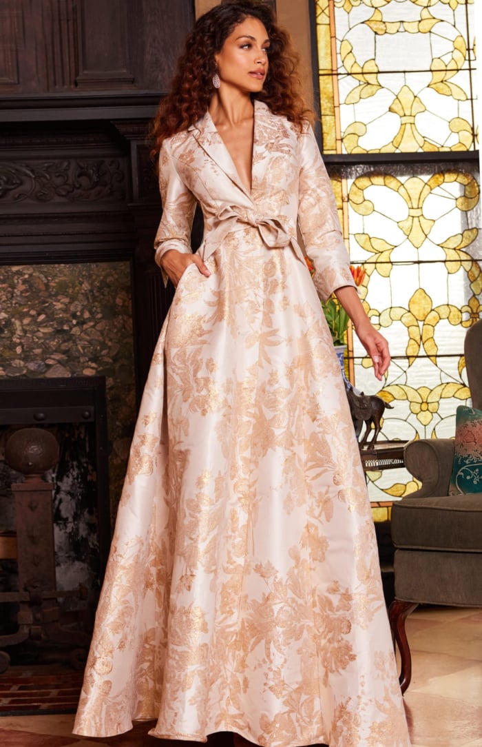 Model wearing Jovani 23178 gold floral brocade dress floral pattern