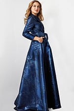 Model wearing Jovani 23178 navy floral brocade dress side view
