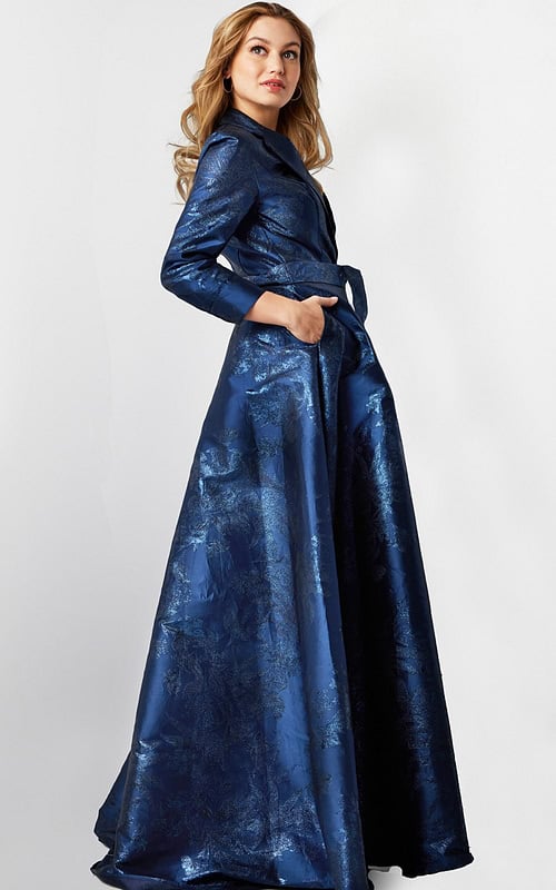 Model wearing Jovani 23178 navy floral brocade dress side view