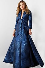 Model wearing Jovani 23178 navy floral brocade dress full view