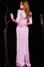 Model wearing Jovani 23180 elegant lilac gown with subtle back detail, back view.