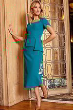 Jovani 23189 teal dress worn by model, emphasizing elegant peplum design.