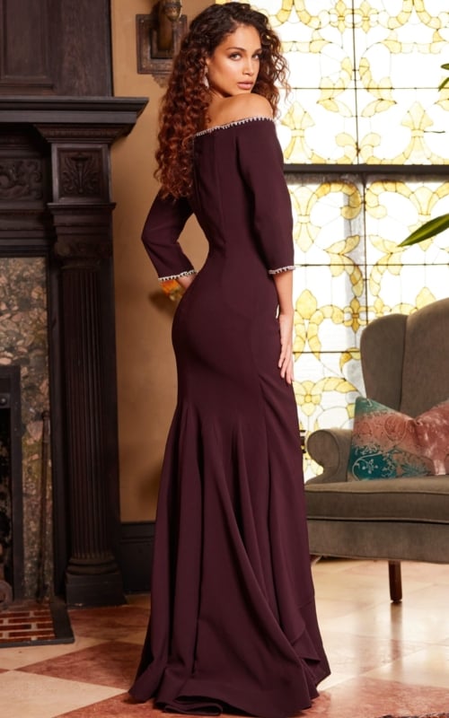 back view of Jovani 23190 purple dress with off-shoulder design