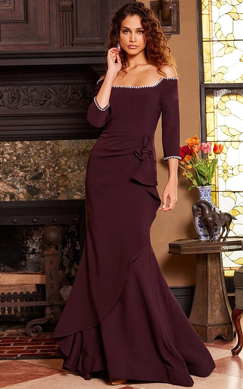 model wearing Jovani 23190 purple dress with off-shoulder neckline and three-quarter sleeves
