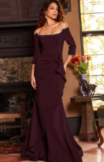 model in Jovani 23190 purple gown showing front detailing