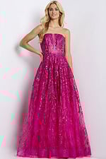 Strapless pink corset ball gown with large bow back and sequin details