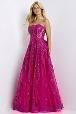 Pink sequin tulle prom dress with sheer bodice and full skirt