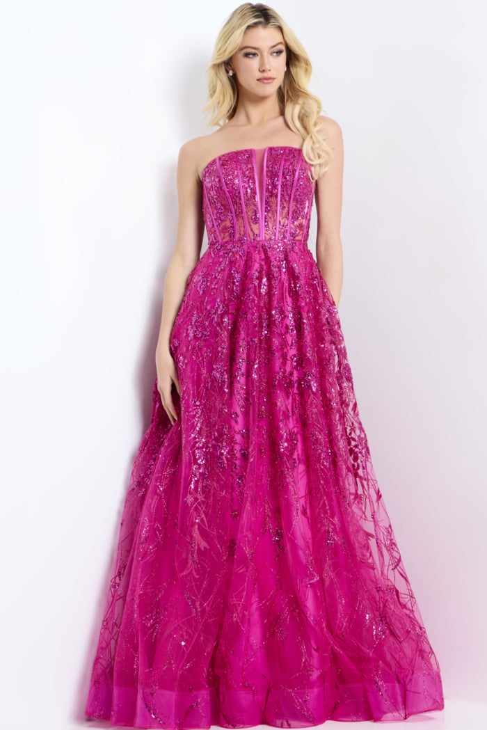 Hot pink glitter tulle prom dress with structured corset and flowy skirt