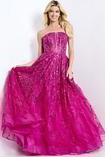 Elegant strapless prom gown featuring sparkling embroidery and dramatic bow detail
