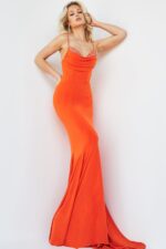 Model wearing Jovani 23201 orange gown featuring a chic mermaid silhouette