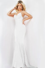 Model wearing Jovani 23201 white mermaid gown with sweetheart neckline and beaded straps
