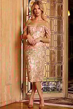 model wearing 23237 beige off-the-shoulder dress with floral patterns