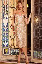 model wearing 23237 beige dress, showing front view with detailed floral embroidery