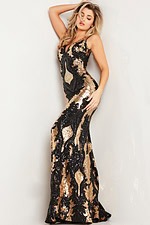 Model wearing Jovani 23319 black gown with dazzling sequins