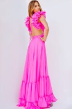 Back view of model wearing Jovani 23322 hot pink dress with floral details