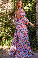 Back view of Jovani 23324 dress displaying lace-up detailing and vibrant floral design.