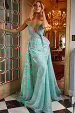 Model wearing Jovani 23361 floor-length green gown with sweetheart neckline, front view.