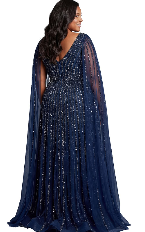 plus size sequin gown with flowing cape back