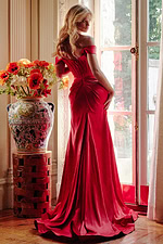 Back view of Jovani 23368 red dress showing elegant draping.