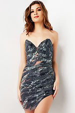 Model wearing Jovani 23371 gunmetal dress front view